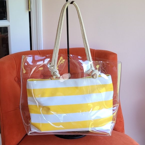 J. McLaughlin Bags J Mclaughlin Harper Clear Vinylyellow White Stiped Tote Bag Poshmark